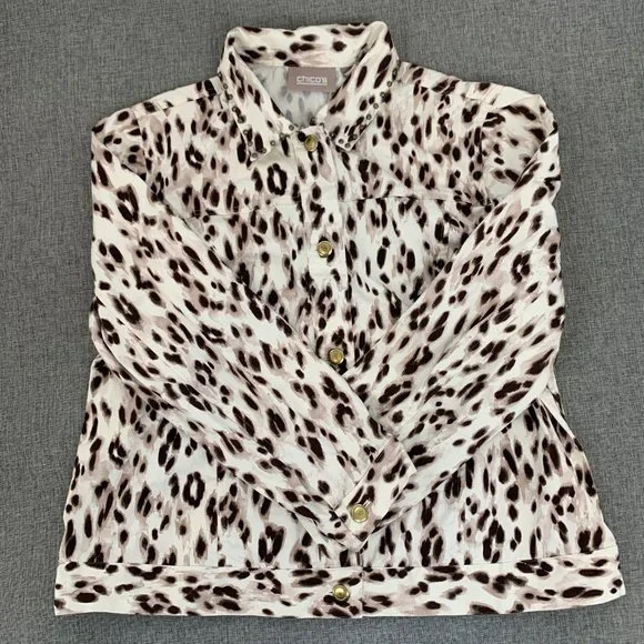 Chico's Long Sleeve Leopard Button Down Jacket Size 3 = XL Animal Print Top - Picture 1 of 14